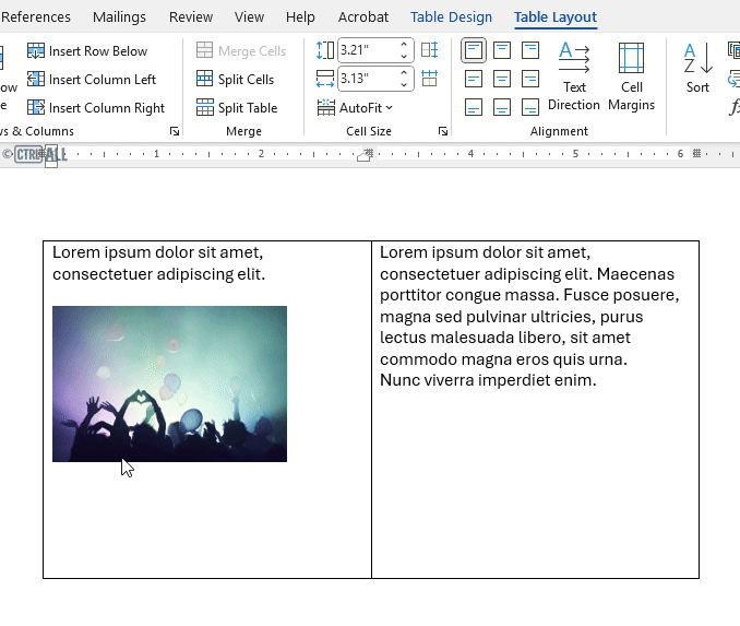 Image with non-default wrap settings and text table cell alignment demonstration in Word
